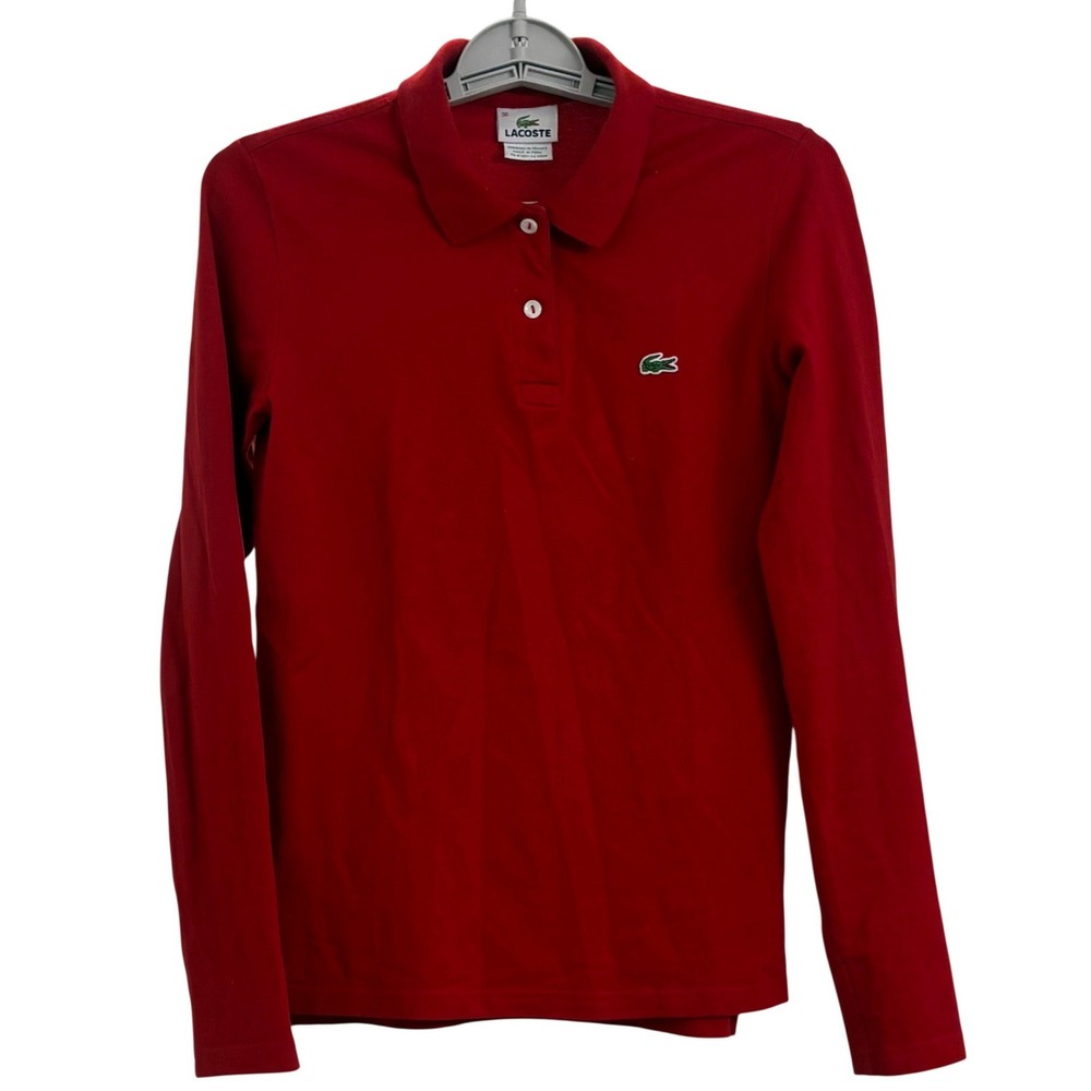 Lacoste Polo Shirt 36 Red Long Sleeve Stretch Cotton Pique Logo 4811L Women's
